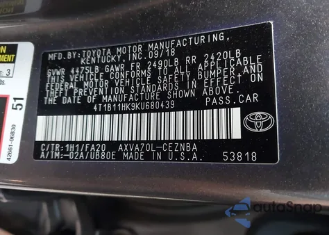 2019 Toyota Camry Le from USA, damaged, VIN 4T1B11HK9KU680439